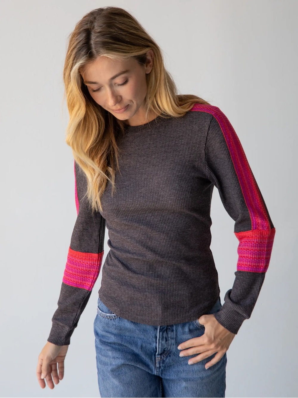 Natural Life London Trim Thermal Long Sleeve Top Charcoal Gray Pink Large NEW